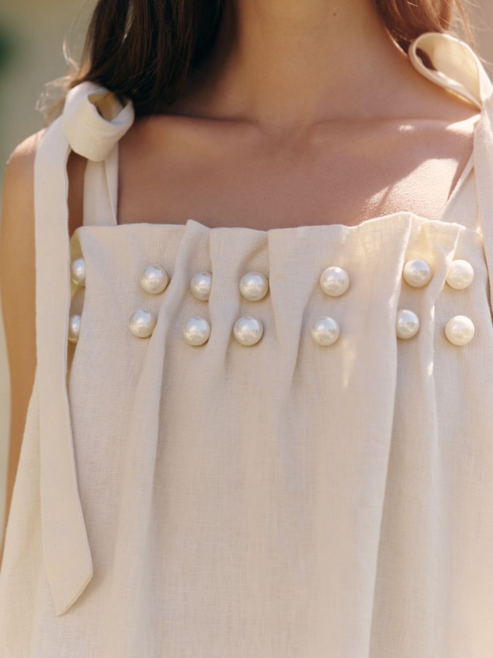 Endless Rose Anthropologie Pearl Tie Strap Linen Midi Dress in Natural Ivory - Picture 3 of 13